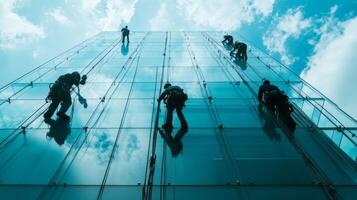 Window Cleaners Suspended on a Glass Skyscraper photo
