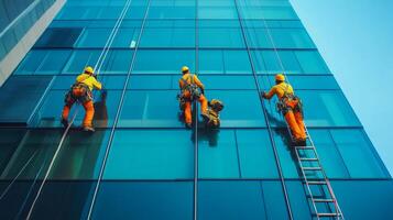 Window Cleaners Working on a Modern Glass Building photo