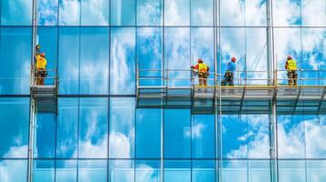 Workers Cleaning Glass Facade of a Modern Building photo