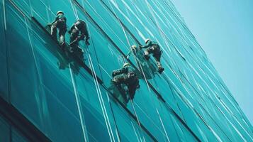 Workers Cleaning the Glass Facade of a Modern Building photo