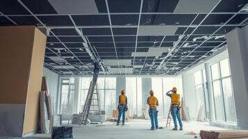 Construction Workers Installing a Drop Ceiling in an Unfinished Building photo