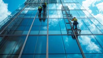 Workers Cleaning a Modern Glass Building photo
