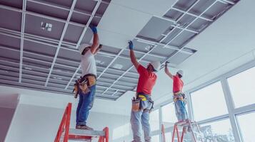 Construction Workers Installing Suspended Ceiling Panels photo