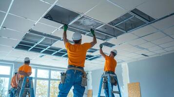 Construction Workers Installing a Ceiling Grid in a New Building photo