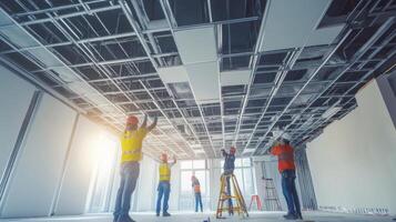 Construction Workers Installing Suspended Ceiling in Commercial Building photo