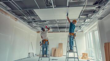 Two Construction Workers Installing Ceiling Tiles in a Room Under Construction photo