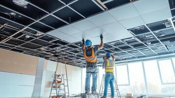 Two Construction Workers Installing Ceiling Tiles photo