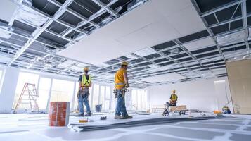 Construction Workers Installing a Drop Ceiling in a Commercial Building photo