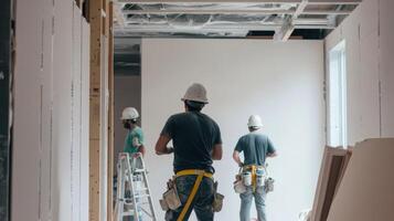 Three Construction Workers In An Unfinished Room photo