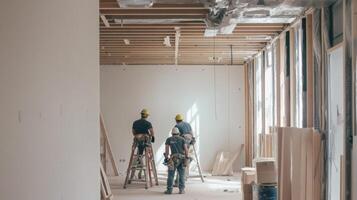 Construction Workers in an Unfinished Building Interior photo