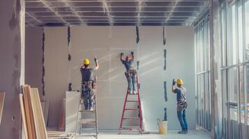 Construction Workers Applying Finishing Touches to a Wall photo