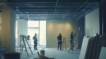 Construction Workers in an Unfinished Building Interior photo