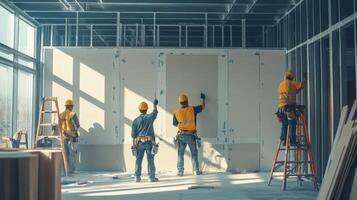Construction Workers Installing Drywall in a New Building photo