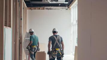Two Construction Workers in a Partially Built Room photo