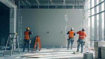 Construction Workers Installing Drywall in a New Building photo