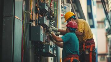 Two Electricians Working on an Electrical Panel photo