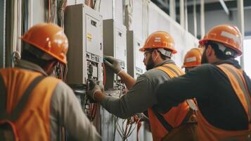 Electricians working on an electrical panel in a building photo
