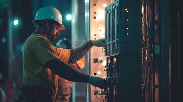 Electrician working on electrical panel at night photo