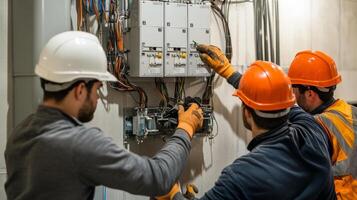 Electricians working on a electrical panel photo