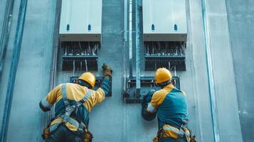 Two Electricians Working on Electrical Panels on a Building Wall photo
