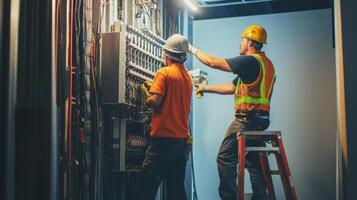 Two Electricians Working on Electrical Panel in a Building photo