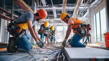 Electricians working on a complex wiring system inside a building under construction photo