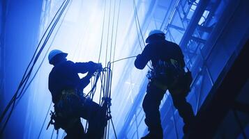 Silhouetted Workers Ascending a Tall Structure with Ropes photo