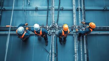 Four Electricians Working on a Complex Network of Cables photo