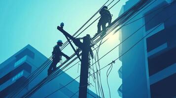 Two Silhouetted Workers on a Power Pole Against a Blue Sky and Building photo