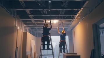 Two Construction Workers Installing Electrical Wiring in a Building photo