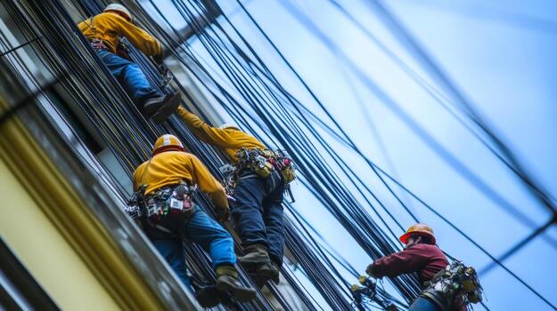 Workers Ascending Building with Cables and Safety Gear photo