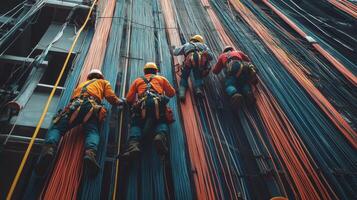 Workers Inspecting and Maintaining a Complex Web of Cables photo