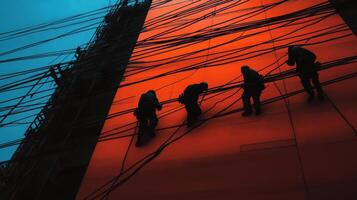 Silhouettes of Workers Ascending a Building with Ropes photo
