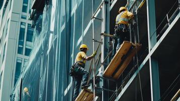 Two Construction Workers on Scaffolding Outside a Modern Building photo