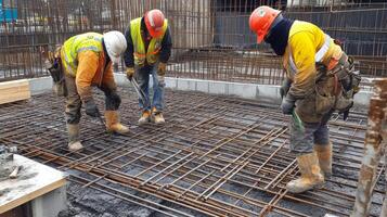 Construction Workers Examining Rebar Grid on Concrete Slab photo