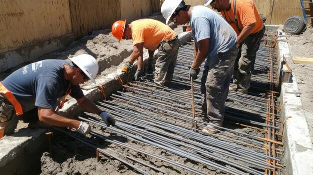 Construction Workers Securing Reinforcing Steel in Concrete Form photo