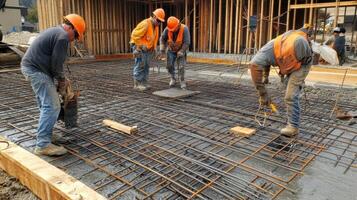 Construction Workers Pouring Concrete on a Foundation photo
