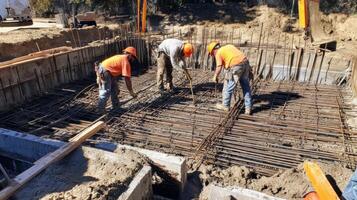 Construction Workers Pouring Concrete into a Rebar Grid photo