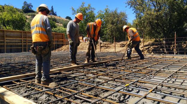 Construction Workers Inspecting Rebar Grid for Concrete Foundation photo