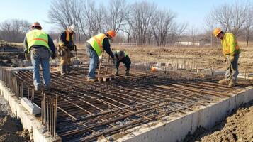 Construction Workers Building a Concrete Foundation with Rebar photo