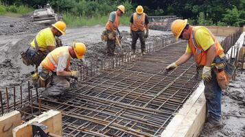 Construction Workers Laying Rebar for Concrete Foundation photo