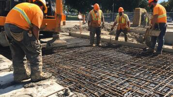 Construction Workers Pouring Concrete on a Rebar Grid photo