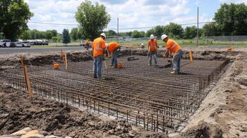 Construction Workers Laying Rebar for a Foundation photo