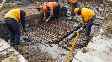 Construction Workers Placing Rebar in Wet Concrete photo