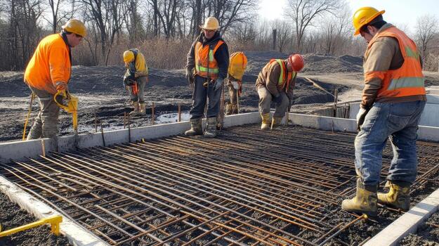 Construction Workers on a Rebar Grid Foundation photo
