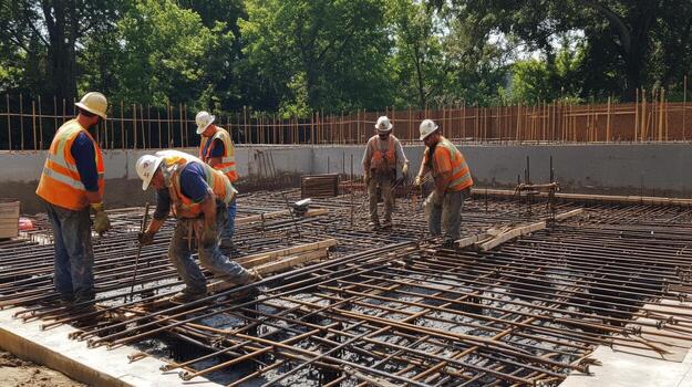Construction Workers Laying Rebar for a Concrete Foundation photo