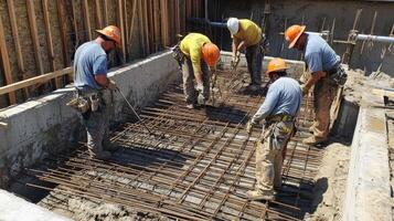 Construction Workers Pouring Concrete Into Rebar Grid photo