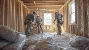 Construction Workers in a Partially-Built House photo