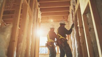 Construction Workers Installing Insulation in a New Home photo