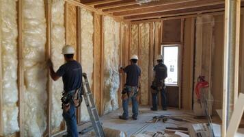 Construction Workers Installing Insulation in a New Home photo